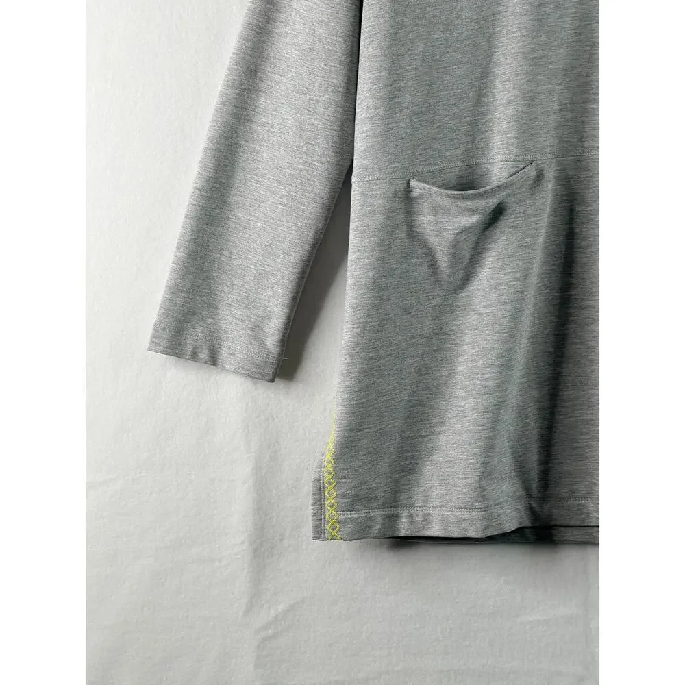 J. Jill Fit Long Sleeve Hoodie Embroidered Pullover Knit Tunic Gray Yellow Med
